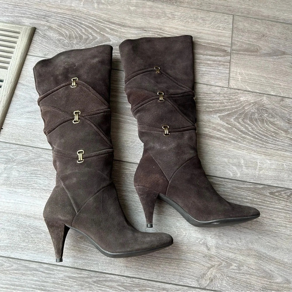 Arnold Churgin Handmade Brown Suede Slouch Knee High Tall Heeled Boots - Picture 3 of 14